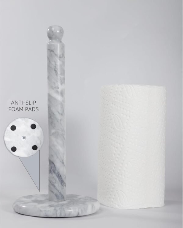 Handmade Marble Paper Towel Holder for Countertop - 12" Upright Paper Roll Dispenser with Heavy Non-Slip Base, Easy One-Handed Tear, for Kitchen Countertops, Cabinets, and Bathrooms-White & Light Grey - Image 6