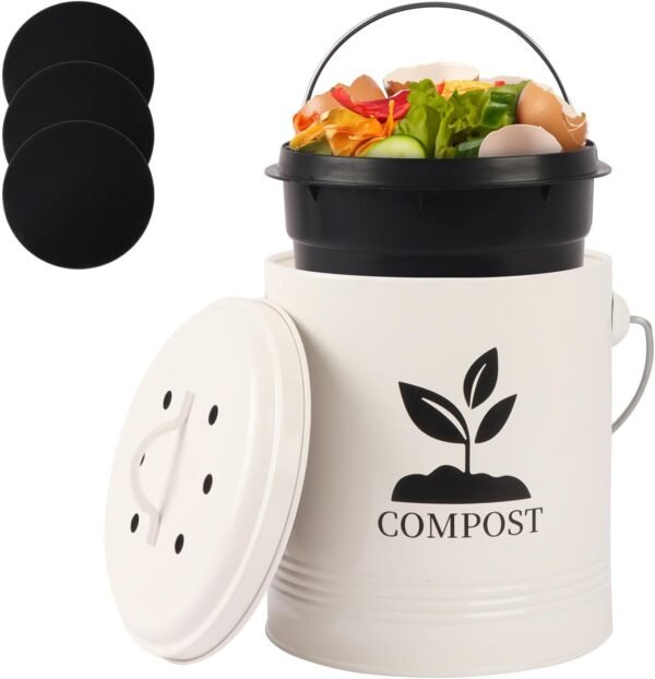 Compost Bin Kitchen Countertop, Indoor Compost Bin with Inner Bucket, 1.15 Gallon Small Compost Bin with Lid, Indoor Composter Bin Counter Compost Pail Food Waste Bin Includes 3PCs Carbon Filter Cream