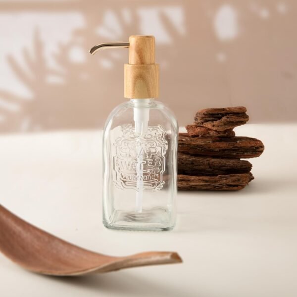 Nellyke 17Oz Glass Liquid Soap Dispenser with Wood Grain Design Pump, Refillable Clear Hand Liquid Soap Dispenser with Embossed Pattern, Glass Dish Dispenser for Bathroom & Kitchen Sink - Image 5
