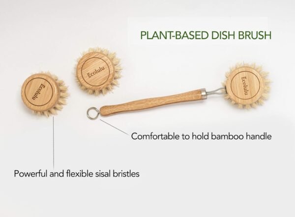 ECOLULU Natural Bamboo Dish Brush & Wood Bottle Brush for Wide Mouth Bottles, Cups and Jars, 2 Replacement Heads included (4 units total) Biodegradable, Eco Friendly Products - Image 2
