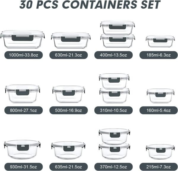 VERONES 30 Pieces Glass Meal Prep Containers Set, Stackable Glass Food Storage Containers with Lids-Airtight Glass Lunch Containers，for Microwave, Oven, Freezer & Dishwasher,Grey - Image 2