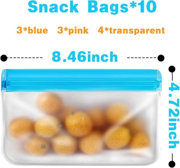 10 Pack Reusable Snack Bags Dishwasher Saf， Silicone Leakproof Reusable Freezer Bags, BPA Free Reusable Food Storage Bags for Candy, Snack, Cereal, Travel Items, Home Organization - Image 7