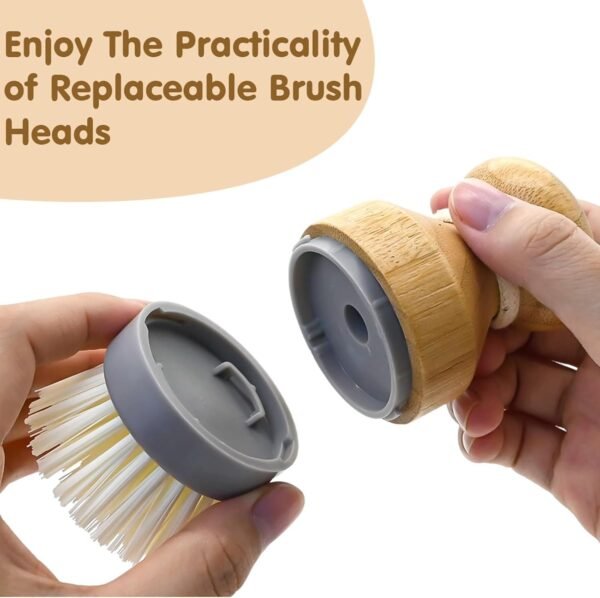 Bamboo Dish Palm Brush with Holder - 2 Pack RIMAY Wooden Replaceable Cleaning Scrub Brushes Washing Scrubber Set Kitchen Wood Dishwashing Tool for Pots,Pans,Counter&Sink - Image 2