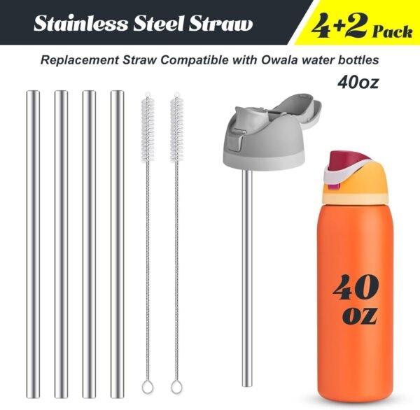 4Pcs Replacement Stainless Steel Straws Compatible with Owala Water Bottle 40oz Reusable Straws with 2 Cleaning Brushes Metal Straw Replacement Compatible with Owala Freesip (23.5cm for 40oz) - Image 2