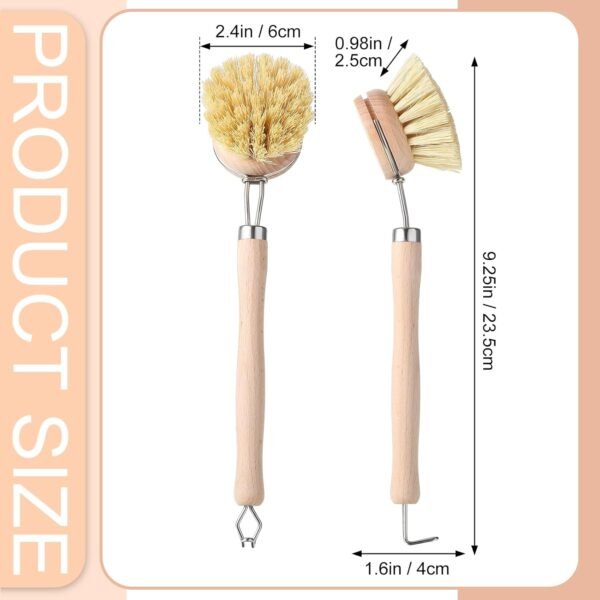 Maxdot 4 Pcs Kitchen Dish Brush with Beechwood Handle Natural Wooden Handle Scrub Brush Fiber Bristles Dish Scrub 2 Inch Replacement Brush Head for Pots Pans Utensils Washing Supplies - Image 2