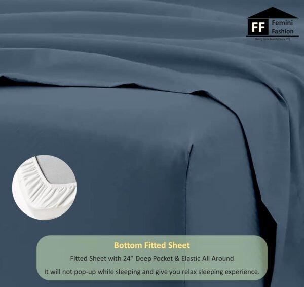 Extra Deep Pockets 1000 Thread Count 100% Organic GOTS Certified Cotton, 24-Inch Deep-Pocket, 4-Piece Bed Sheet Set (1 Flat Sheet, 1 Fitted Sheet, 2 Pillow Covers) - Queen, Mediterranean Blue - Image 5