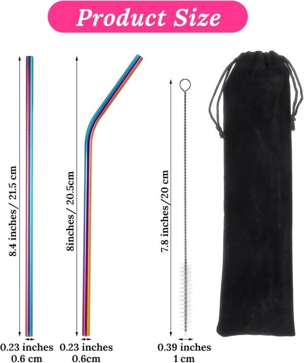 10 PCS Reusable Straws Metal Rainbow Color Metal Drinking Straws Straight & Curved Metallic Reusable Stainless Steel Straws Combinations for Tumblers with 2 PCS Cleaning Brushes for Cocktails Iced Tea - Image 2