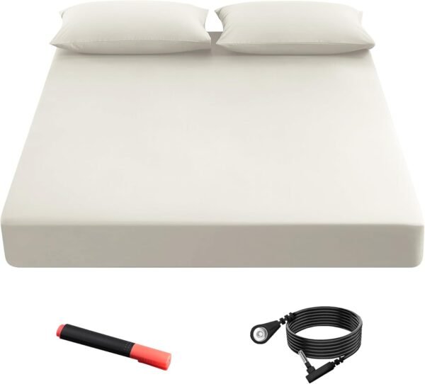 Grounding Fitted Sheets 90% Organic Cotton+10% Pure Silver Fiber, Grounded Sheets with Grounding Cord, Bed Grounding Kit for Healthy Sleep Therapy (Beige, Queen XL)