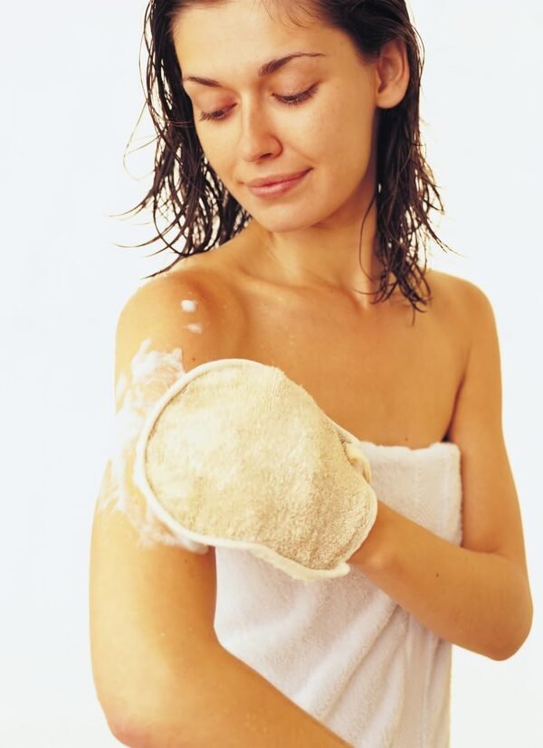 Premium Natural Exfoliating Loofah Glove Pad Body Scrubber by Spa Destinations. Mitt Sponge Biodegradable Bath and Shower Luffa Sponge, Women and Men (2 Pack) Beige - Image 2
