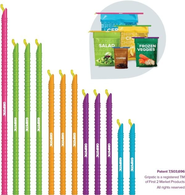 GripStic Bag Clips. 12pc Durable Food Clip Set for Kitchen Storage. Reusable Chip Bag Clips. Color Coded Bag Closure Sticks Provide Air Tight Seal. Durable Cereal Bag Clips. Chip Clips Reinvented. - Image 5