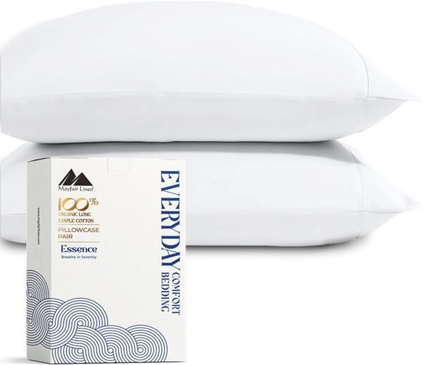 Mayfair Linen 100% Organic Cotton Percale Pillow Cases King Size Set of 2 - Cotton Percale Pillowcases King, Soft Cooling Pillow Cases for Sleeping, Cotton Pillow Covers for King Pillows - White