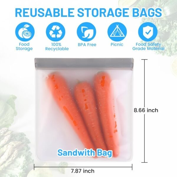 9 Pack Reusable Gallon Freezer Bags, Sandwich, Dishwasher Safe Reusable Ziploc Bags, BPA Free Freezer Storage Containers, Leakproof Silicone Bags for food Storage, Snack, Lunch Marinate Food - Image 5