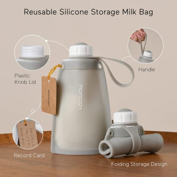 No Leak Momcozy Silicone Breastmilk Storage Bags, Reusable Breastmilk Freezer Storing Bags for Breastfeeding, 8.5oz/250ml Breast Milk Saver, Leakproof Baby Food Pouches, BPA Free (Gray, 5pcs) - Image 2