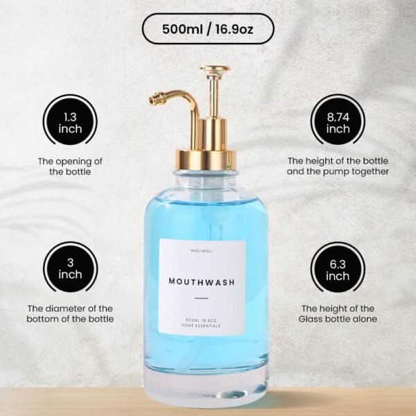 Molimoli Hand Bathroom Soap Dispenser Set, Glass Mouthwash Dispenser for Bathroom, Dish Soap Dispenser for Kitchen Sink, Soap Dispenser Pump, 500ml/16.9 Oz, Set of 2, Gold - Image 4