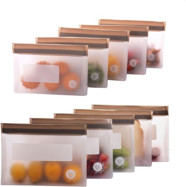 Food Storage Bags Multipack – Non-BPA Silicone Bags Reusable Storage - Freezer Dishwasher Safe Sandwich Baggies (10 Pack of 5 Large, 5 Medium Bags (Grey))
