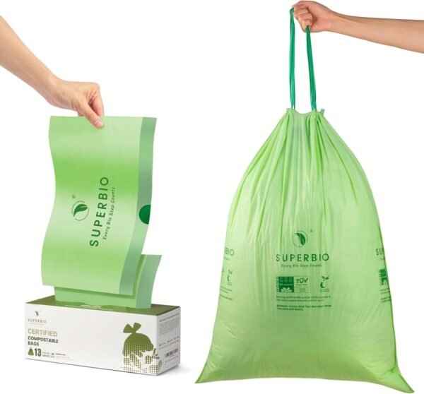 SUPERBIO 13 Gallon Compostable Drawstring Food Waste Bag, 49.2 Liter, 30 Count,1 Mils, Heavy Duty Kitchen Waste bags, Seedling and OK compost INDUSTRIAL