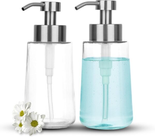 Doiliese Soap Dispenser, Glass Hand Soap Dispenser with Rust Proof Pump, 17oz Liquid Soap Dispenser with Waterproof Labels, Dish & Hand Soap Dispenser for Bathroom, Kitchen, Brushed Nickel, Pack of 2