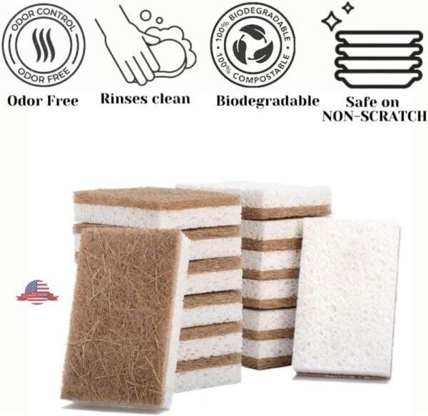 Natural Kitchen Sponge, Ecofriendly Sponge, Biodegradable & Organic Sponge Kitchen, Dish Sponge, Scrubber Sponge, Non Toxic & Non-Scratch,Bamboo Sponge, Kitchen Sponge Cellulose- 6 Pcs - Image 4