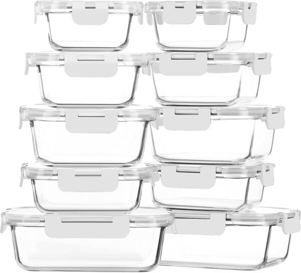 M MCIRCO 10-Pack Glass Food Storage Container with Lids, Airtight Glass Lunch Bento Boxes, Glass Meal Prep Container,Microwave, Oven, Freezer and Dishwasher Friendly, White