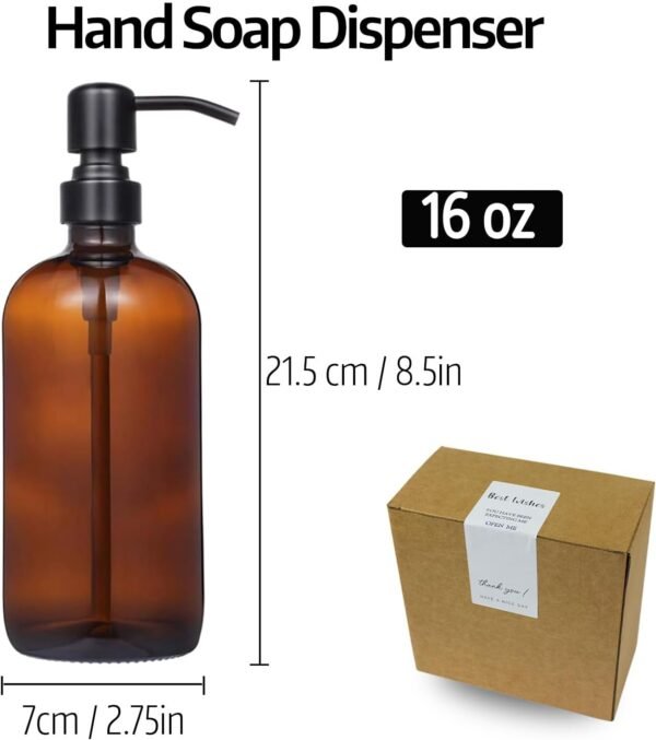 Amber Glass Soap Dispenser, 16oz Hand Soap Dispenser for Bathroom/Kitchen Countertop, 2 Pack - Image 2