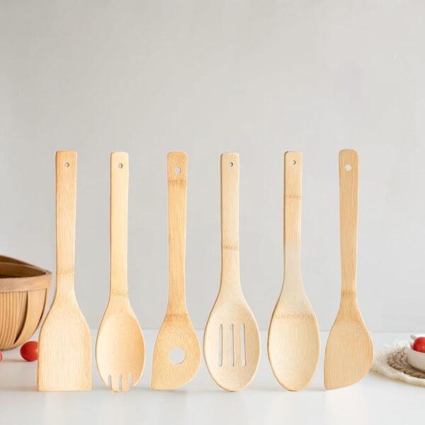 6PCS wooden kitchen utensils with wooden spoons and bamboo tubes for cooking, organic and environmentally friendly bamboo set suitable for daily cooking, non stick pot, high temperature stirring