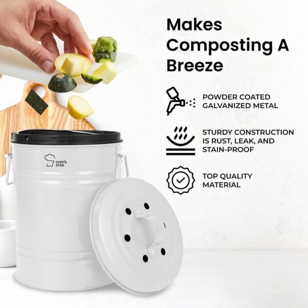 Chef's Star Countertop Compost Bin for Kitchen, Indoor Compost Bin for Kitchen Counter, Small Composter for Kitchen Counter, with Charcoal Filter, Airtight Lid, 0.8 Gallon Compost Pail, White - Image 5