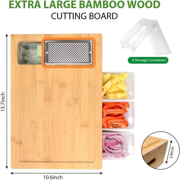 Bamboo Cutting Board with Containers, Lids, and Graters, Large Wood Cutting Board with Containers, Food Dropping Zone, Carving Board with Easy-grip Handle, Juice Groove - Image 7