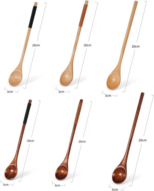 Wooden Spoons for Cooking,Wood Mixing Stirring Seasoning Spoons for Baking,Long Handle Wood Creative Coffee Spoon Ice Cream Dessert Spoon,Set of 6 - Image 2