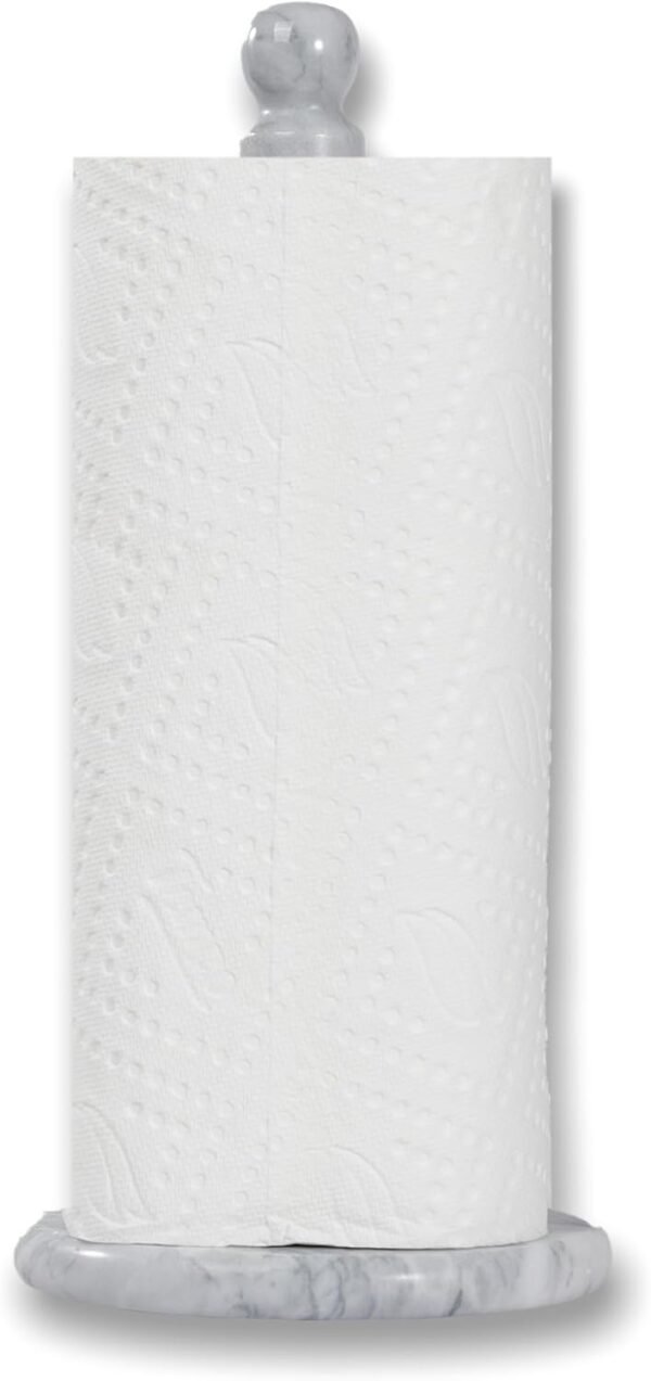 Handmade Marble Paper Towel Holder for Countertop - 12" Upright Paper Roll Dispenser with Heavy Non-Slip Base, Easy One-Handed Tear, for Kitchen Countertops, Cabinets, and Bathrooms-White & Light Grey - Image 9