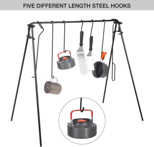 REDCAMP Grill Swing Campfire Grill Stand with Iron Grill Grate, Collapsible Campfire Cooking Rack w/6 Hooks, Portable Cookware Hanging Rack Outdoor Camping Bonfire for Cookware & Dutch Oven, Round - Image 5