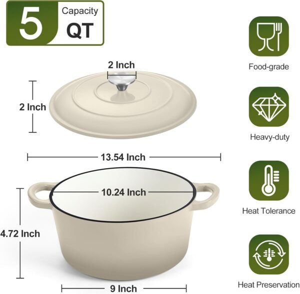 P&P CHEF 5-Quart Enameled Dutch Oven Pot, 5 Qt Cast Iron Dutch Oven with Lid, Enamel Cooking Pot Cookware for Braising, Roasting, Bread Baking, Oven & Stove Safe (Khaki) - Image 2