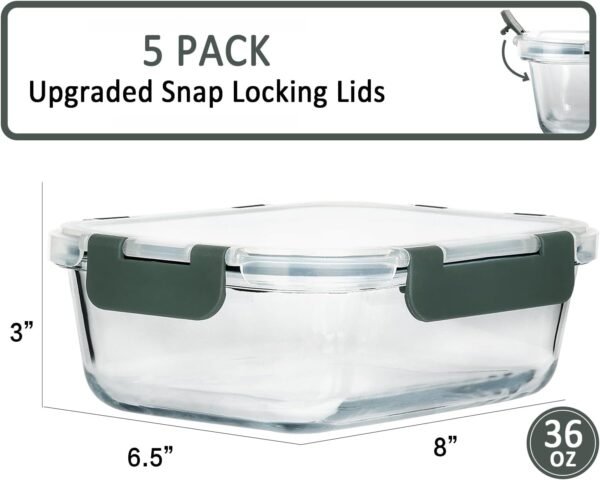 M MCIRCO [5-Packs, 36 Oz Glass Meal Prep Containers with Snap Locking Lids Glass Food Containers,Airtight Lunch Container,Microwave, Oven, Freezer and Dishwasher (4.5 Cup) - Image 2