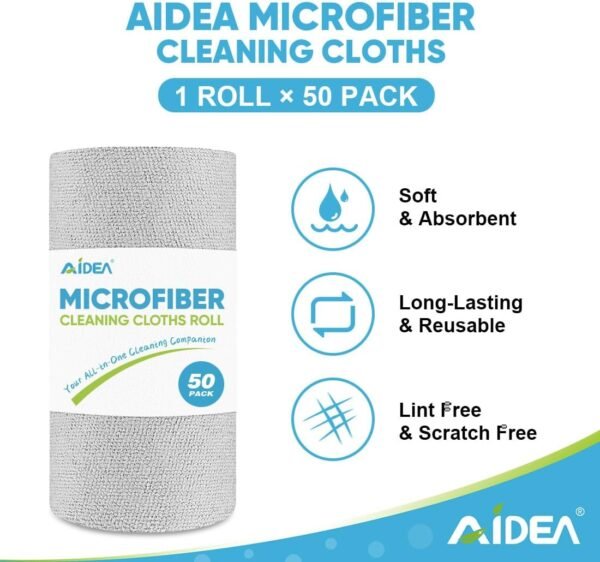 AIDEA Microfiber Cleaning Cloth Roll-50PK, Reusable Paper Towels Grey Tear Away Towels, Washable Shop Rags, Microfiber Towels for Cars, Lint Free Cleaning Rags for House, Kitchen, Window-11.5"×11.5" - Image 2