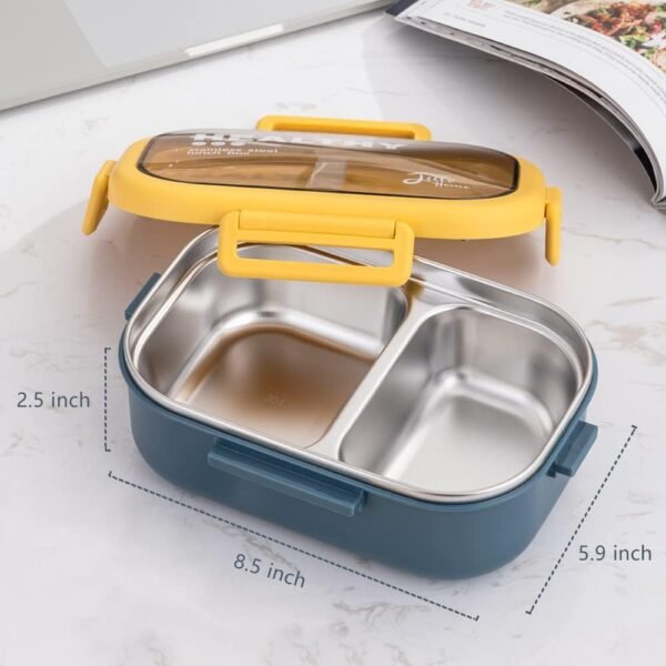 Lille Home 28oz Stainless Steel Leakproof 2-Compartment Bento Lunch Box/Portion Control Food Container with Lunch Bag and Cutlery Set, BPA Free (Blue) - Image 4