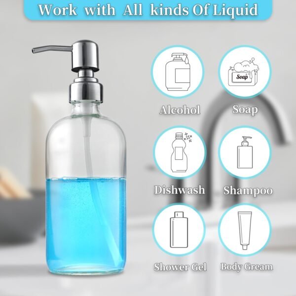 Clear Glass Soap Dispenser with 304 Stainless Steel Pump 17 oz for Kitchen Dish Soap and Bathroom Hand Soap Bottle - Image 2