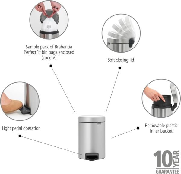 Brabantia 113260 Pedal Bin Newicon with Plastic Inner Bucket, Metallic Grey - 3 L - Image 2