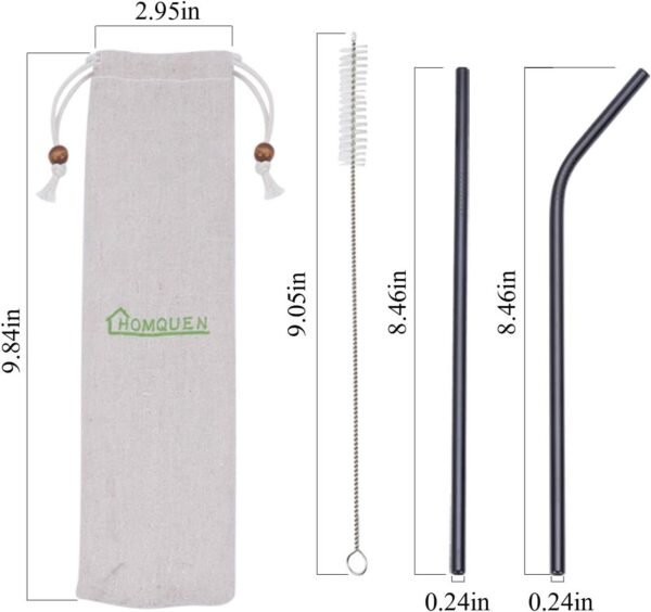 18 Piece Black Stainless Steel Straws, 8.5 '' Reusable Drinking Straws,with Portable pouch (8 Straight/8 Bent/2 Brushes) - Image 2
