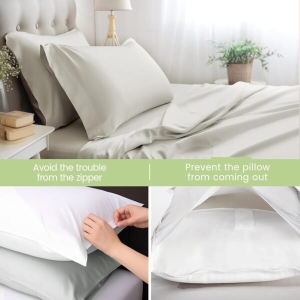 JSELF 100% Organic Viscose from Bamboo Sheets Queen Size Set - Ultra Soft & Luxuriously Cooling Sheets for Hot Sleepers, Double Stitching, 16" Deep Pocket, 4PCS Queen Size Bed Sheets Set (Grey) - Image 5