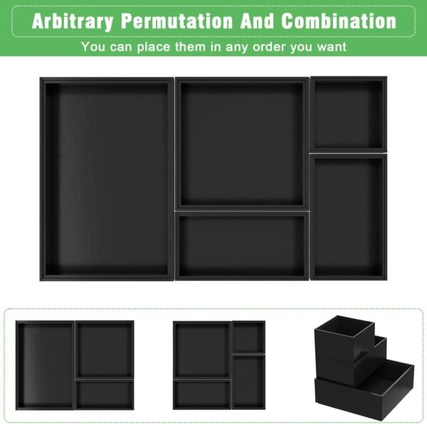 Black Bamboo Bathroom Drawer Organizer, Wooden Kitchen Utensil Holder Set of 5, Stackable Junk Drawer Organizer Tray, Multi-Use Storage Bins Boxs Dividers for Home, Office, Clothing, Makeup, Jewelry - Image 6