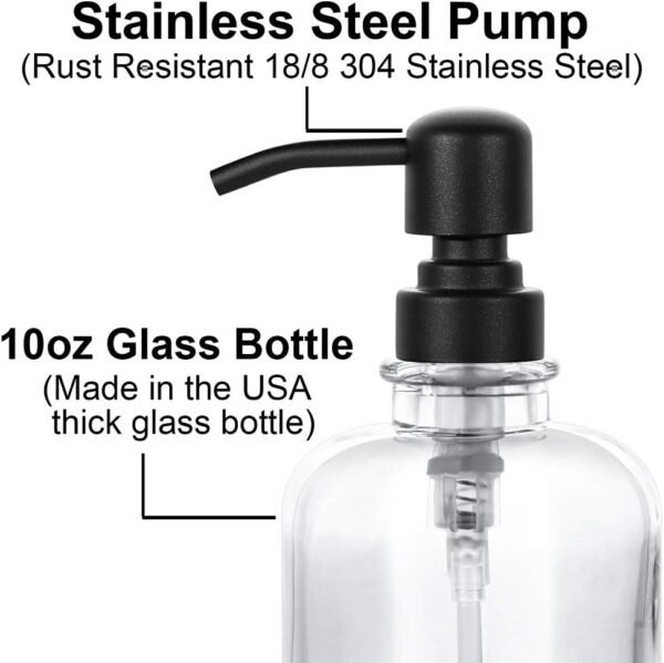 2 Pcs Thick Clear Glass Jar Hand Soap Dispenser Bathroom with Matte Black Stainless Steel Pump, 12ounce Clear Boston Round Bottle Dispenser with Rustproof Pump for Kitchen Dish - Image 3