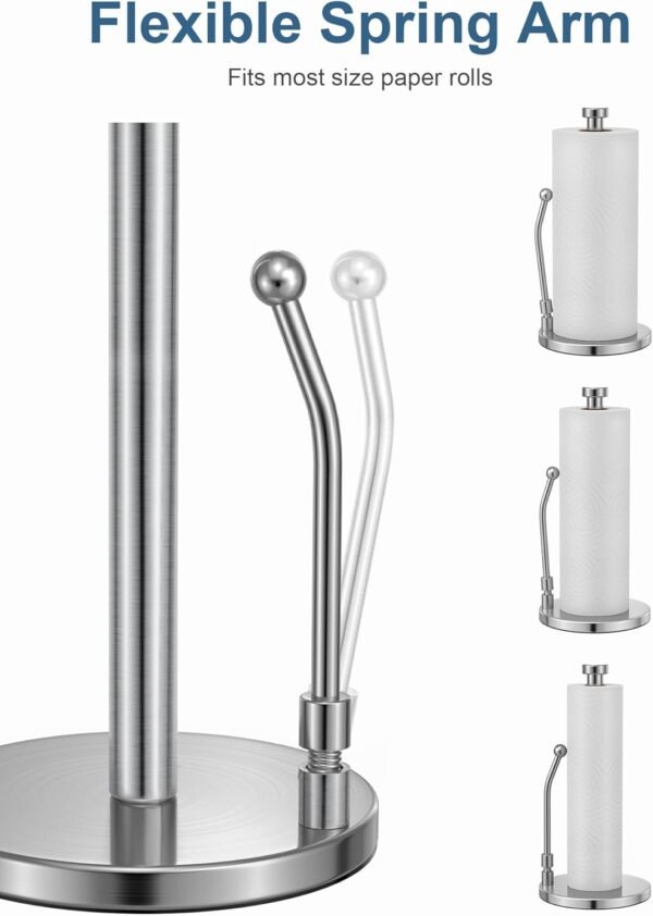 SMARTAKE Paper Towel Holder, Paper Towel Dispenser Standing Weighted Base Non Slip, Spring Arm for Easy Tear, Stainless Steel Paper Towel Holder for Home Kitchen Countertop Tabletop, Silver - Image 4