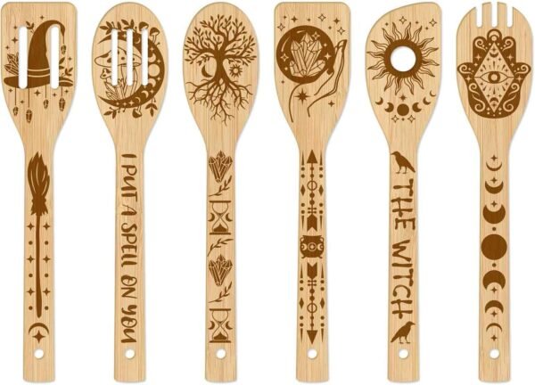 GLOBLELAND 6Pcs Magic Divination Bamboo Cooking Utensils Wooden Engraved Cooking Spoons Set Carving Kitchen Bamboo Spatula Set Wood Cooking Spoon for Kitchen House Warming Gift