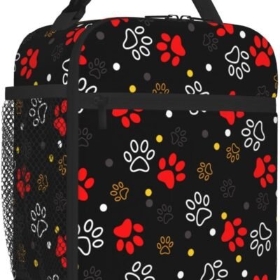 Cute Animal Dog Paw Print Insulated Lunch Bag Reusable Lunchbox Leakproof Portable Box for Women Men with Handle and Bottle Pocket for Work Picnic Camping