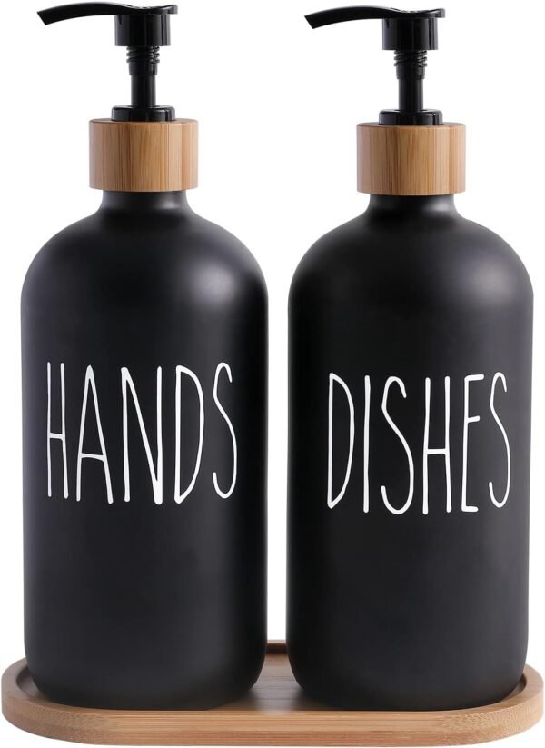 MOMEEMO Matte Black Glass Soap Dispenser Set - Hand and Dish Soap Dispensers Suitable for Rustic Kitchen Decor (Black)