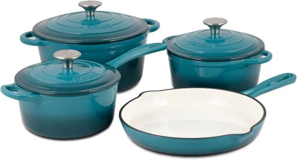 Basque Enameled Cast Iron Cookware Set, 7-Piece Set (Biscay Blue), Nonstick, Oversized Handles, Oven Safe; Skillet, Saucepan, Small Dutch Oven, Large Dutch Oven, 10.25", 2QT, 2.25QT, 4.75QT