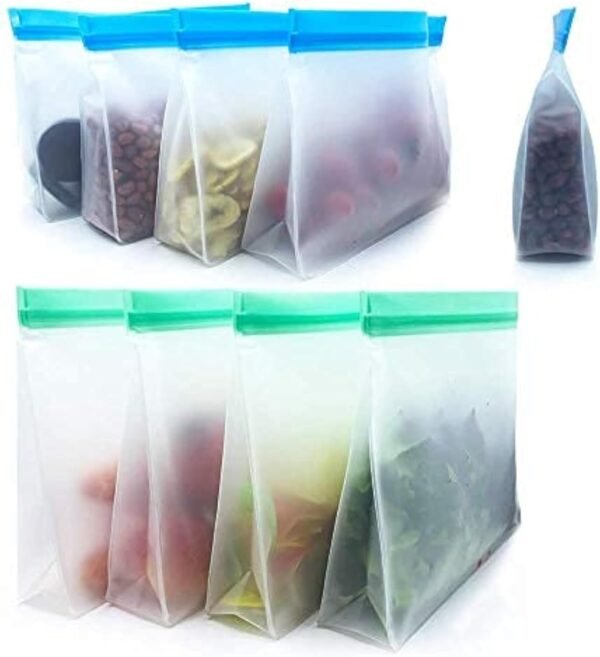 Reusable Food Storage Bags 8 Pack - Stand Up BPA FREE Leakproof Freezer Bags( 4 pack 1/2 Gallon Bags + 4 pack Sandwich Bags) Plastic Free Lunch Bag | Eco-friendly