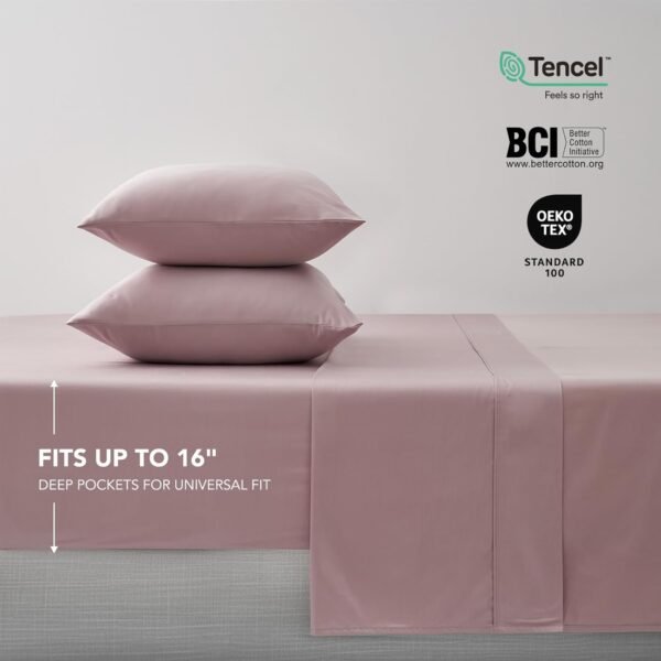 EVERGRACE Cotton TENCEL Sheets Queen Size 4 Piece Set, Silky Soft Cooling Bed Sheets, Luxury Organic Eucalyptus Lyocell Sheets with Deep Pocket, 1 Fitted Sheet, 1 Flat Sheet, 2 Pillowcases, Mauve Pink - Image 4