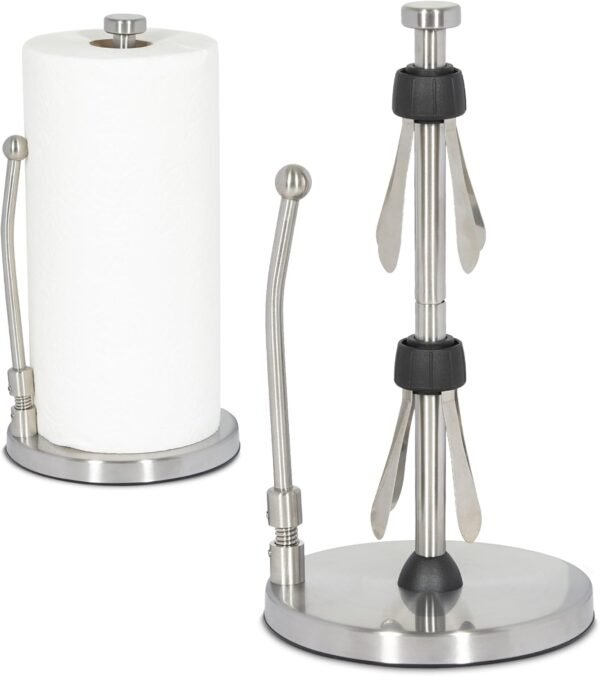 Stainless Steel Paper Towel Holder, Standing Weighted Base, Spring Arm Attachment for Easy One-Handed Tear, Has Suction Cups and Holds All Paper Towel Rolls, Perfect for Kitchen Countertop
