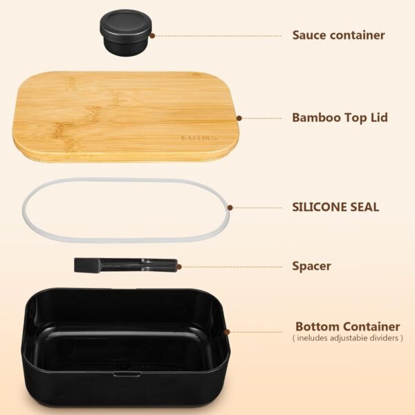 Bento Box for Adults,Japanese Food Containers for Women/Man,Leak Proof Bamboo Bento Box Adult Lunch Box with Sauce pot, Microwavable Dishwasher Safe,BPA-Free Black - Image 3