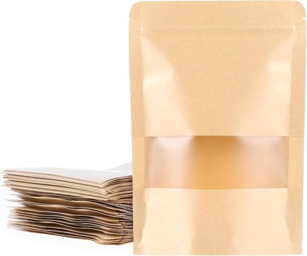 100 PCS Resealable bags, 5.5" x 7.9" Stand Up Kraft Paper Bags with Matte Window, Zip Lock Food Storage Bags for Packaging Products, Reusable, Sealable